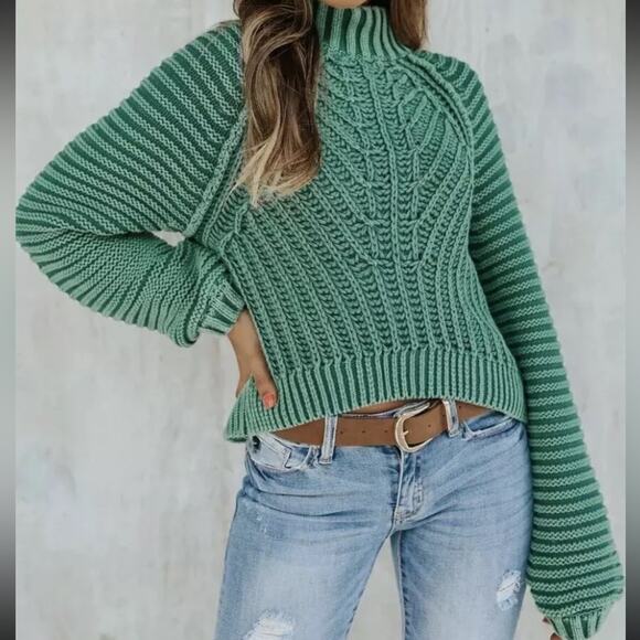 Free People Sweaters - Free People Sweetheart Sweater Green Botany Chunky Knit Mock Neck Size XS